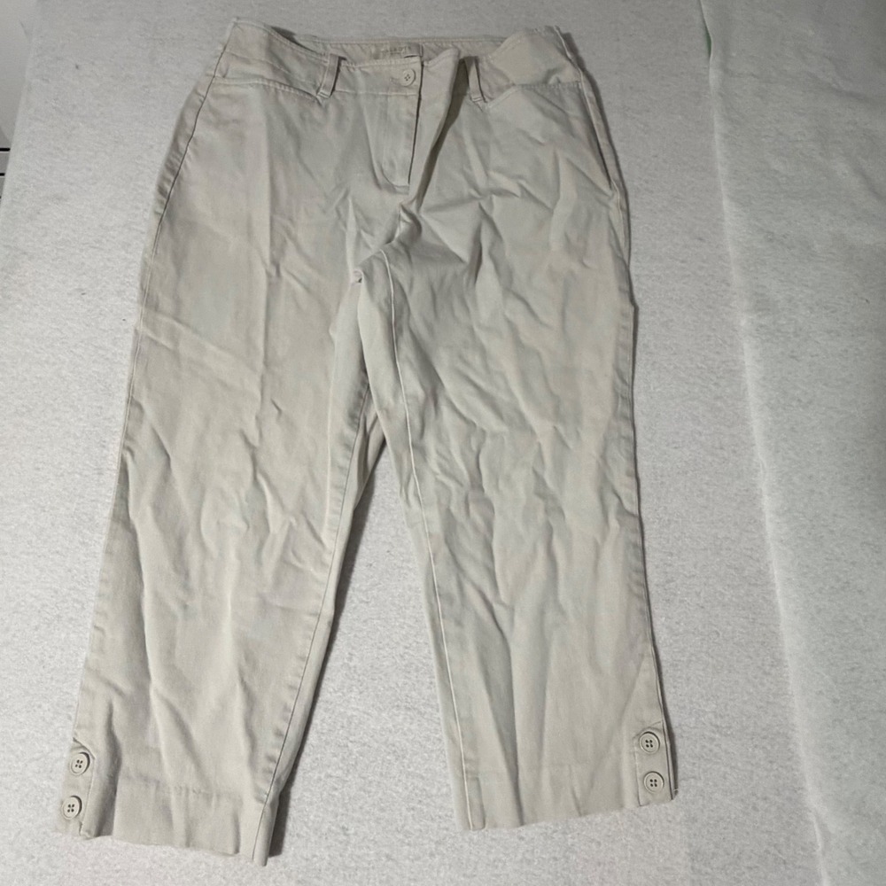 Talbots Petites Curvy Crop Pants Beige Cotton Blend Button Hem Size 10P